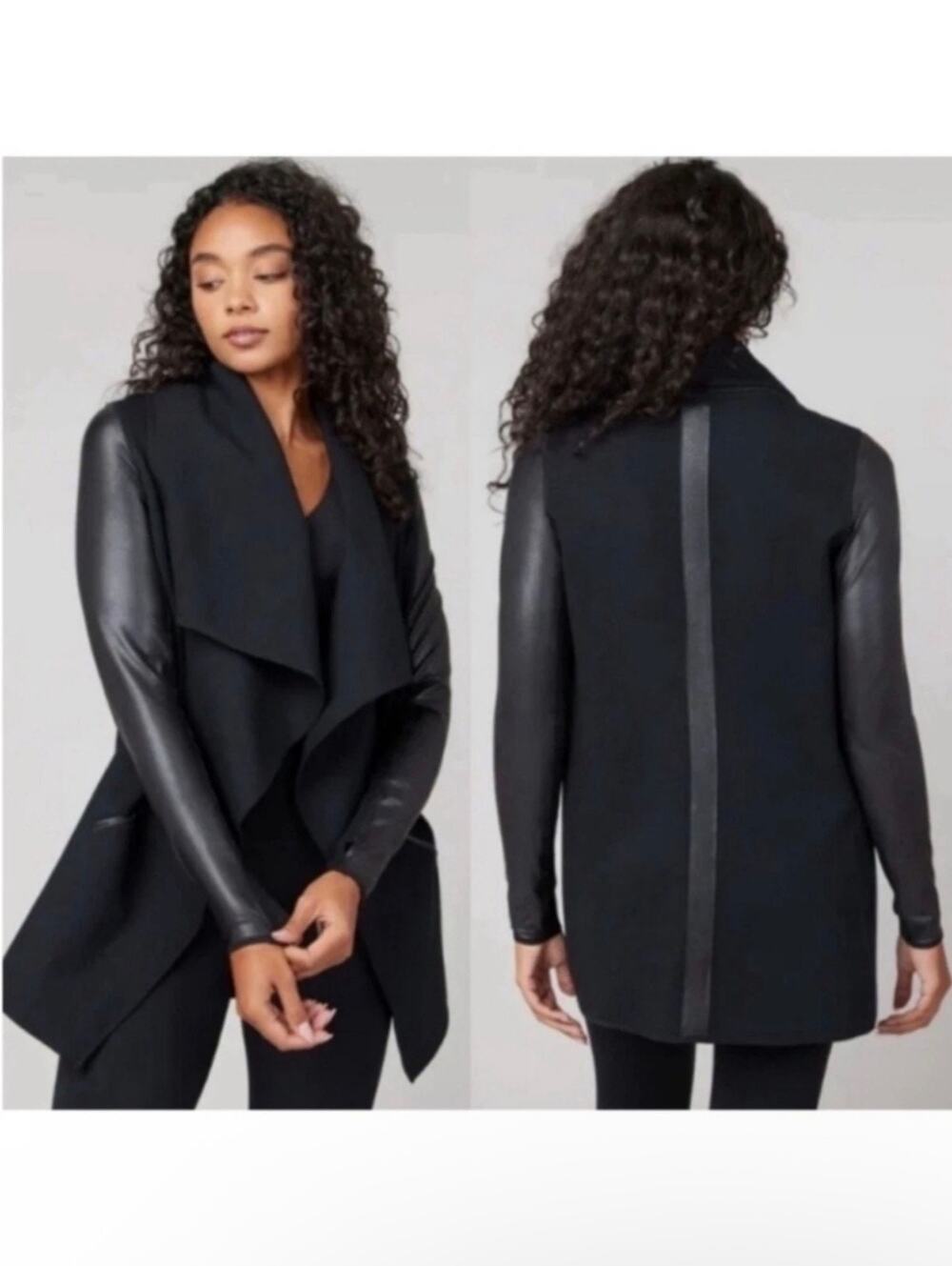 SPANX Ponte Faux Leather Convertible Jacket Womens S Black Drape Pockets Activeโ